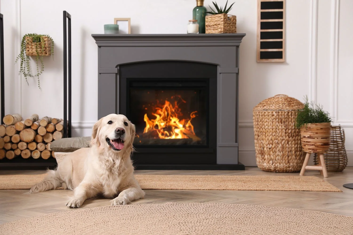 A golden retriever dog lying on a beige rug in a cozy living room with a fireplace and wood logs, surrounded by wicker baskets and decorative items.