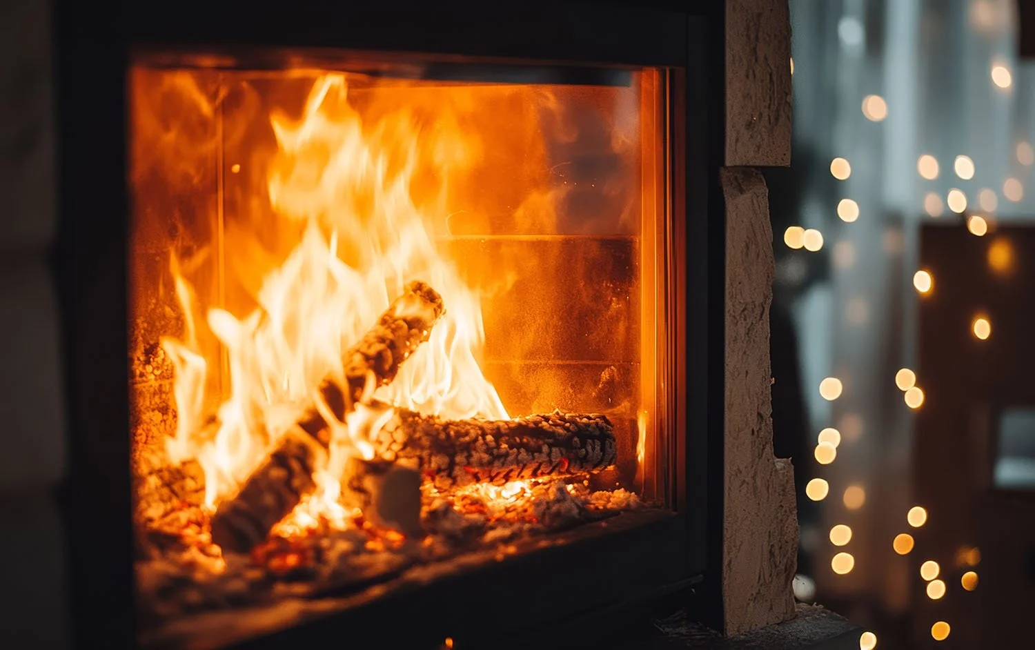 A cozy fireplace with burning logs and orange flames, decorated with string lights in the background.