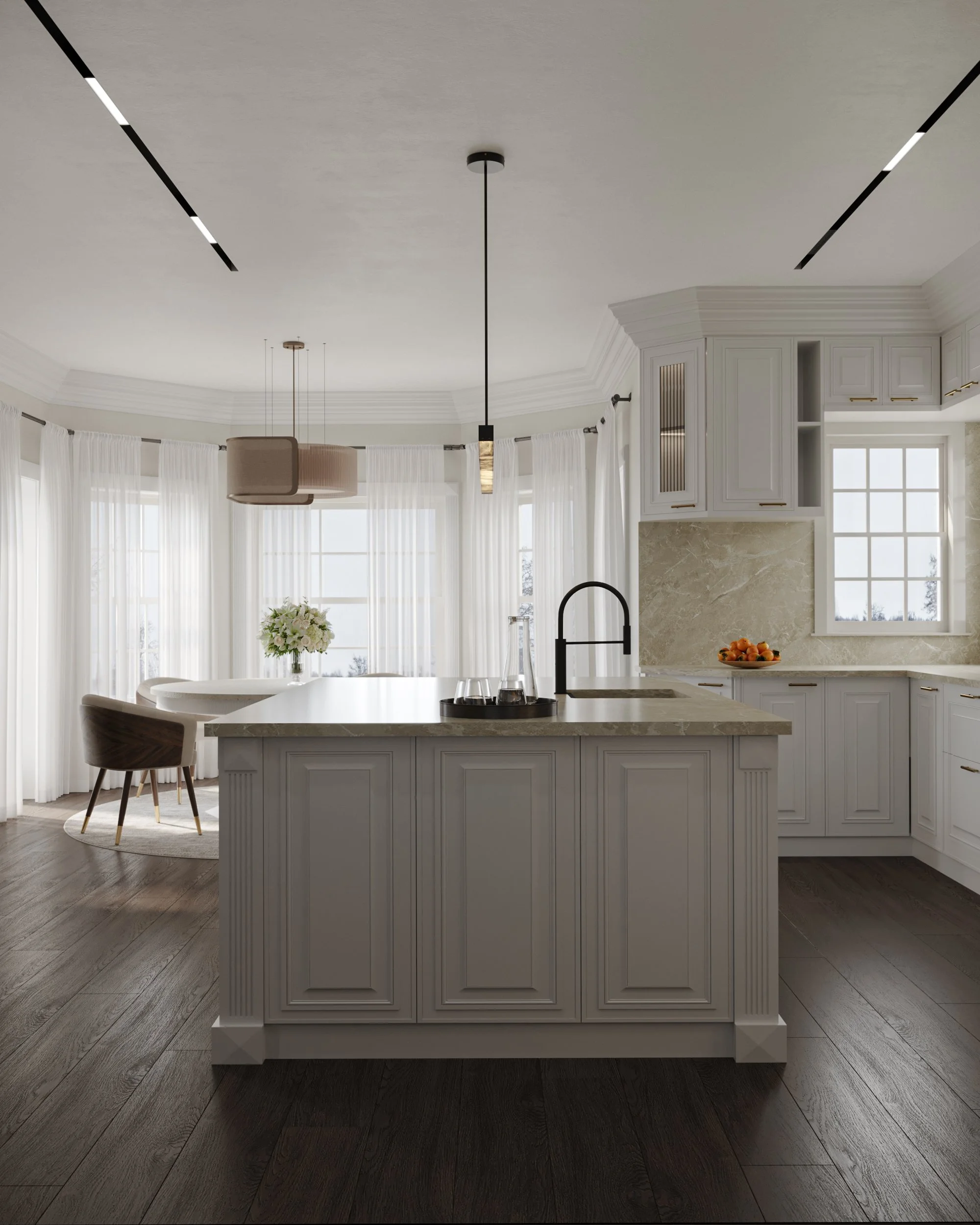 A ﬆrong emphasis was placed on symmetry and visual rhythm, particularly in cabinetry elevations and appliance integration. Consiﬆent alignments, intentional reveals, and concealead ﬆorage contribute to a sense of calm and order, reinforcing the kitch