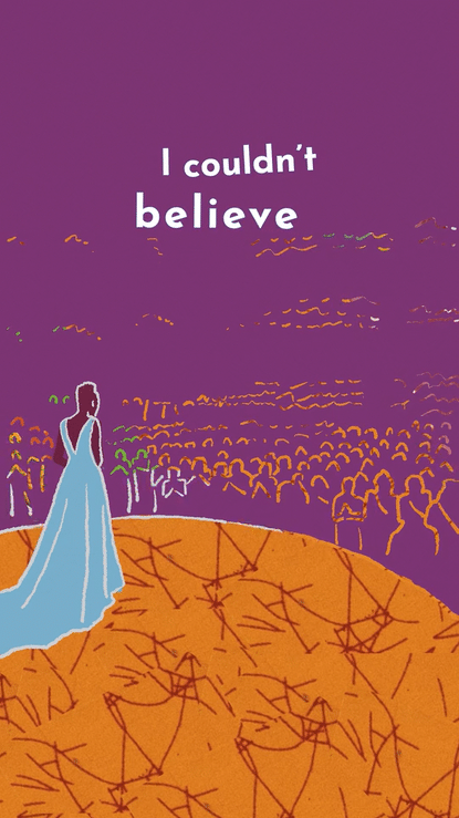 An illustration of a Lupita Nyong'o in a blue dress standing on the Oscars stage, looking at an audience with purple background. The text reads "I couldn't believe it!"