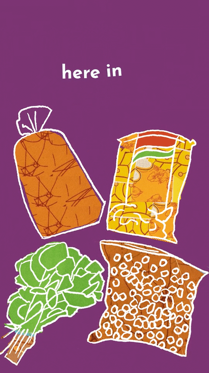 Drawing of a grocery bag, pasta, lettuce, and cereal on a purple background with the text "what I took from home"