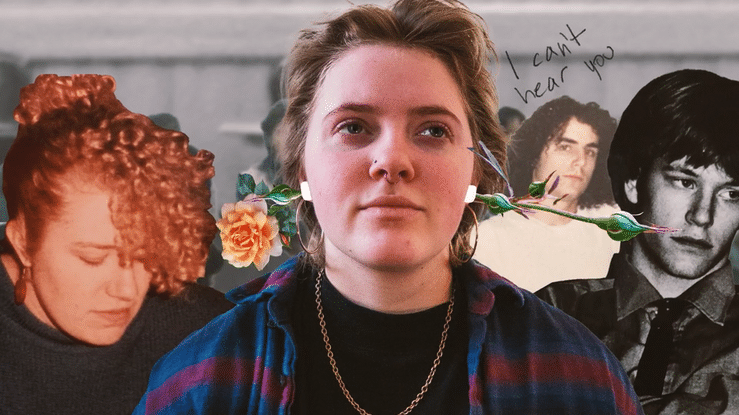 A collage animation of a young woman sitting in class, surrounded by classmates. Her earbuds turn into flowers and text reads 'I can't hear you'.