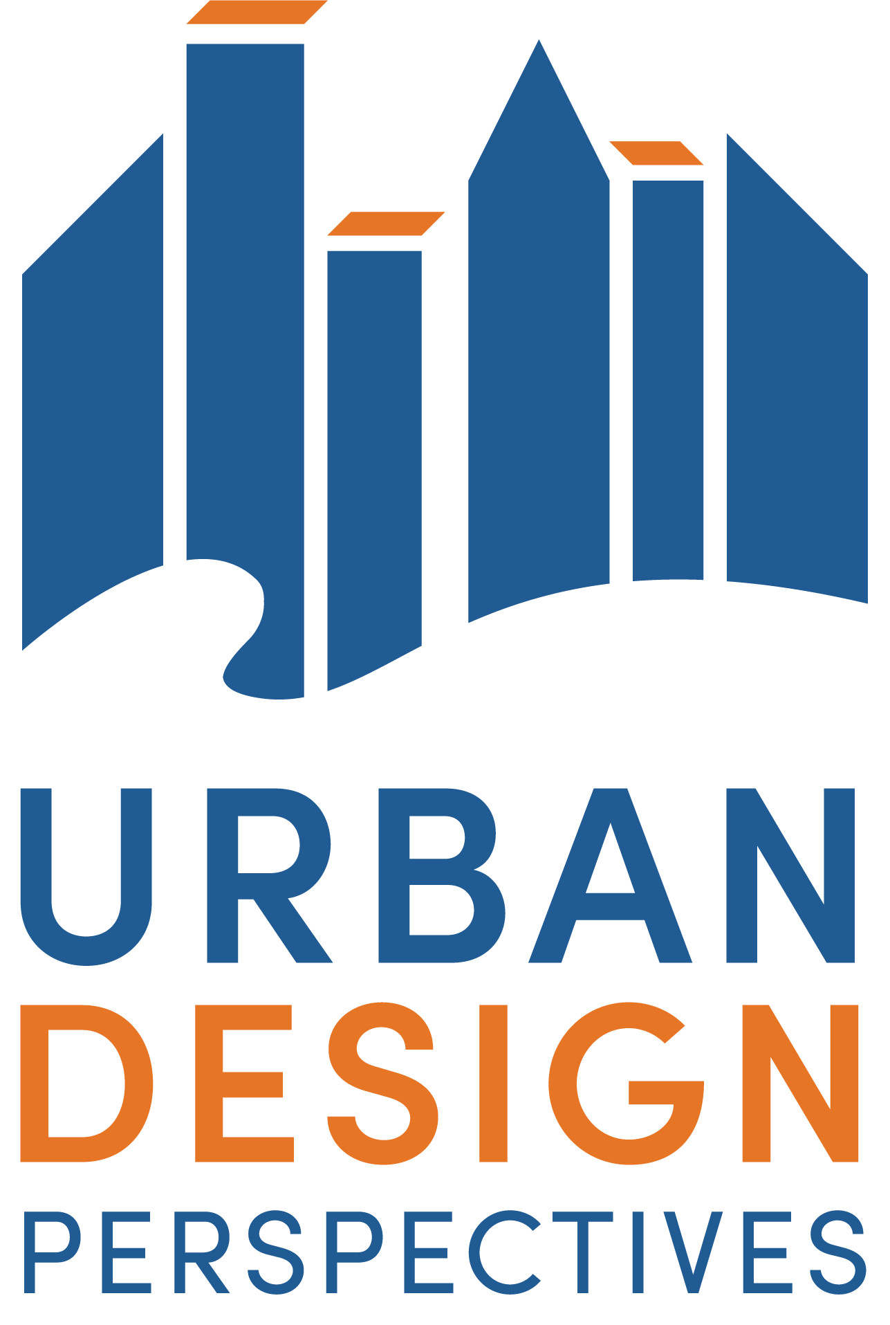 Logo for Urban Design Perspectives featuring abstract city skyline in blue with orange accents, and text in blue and orange.