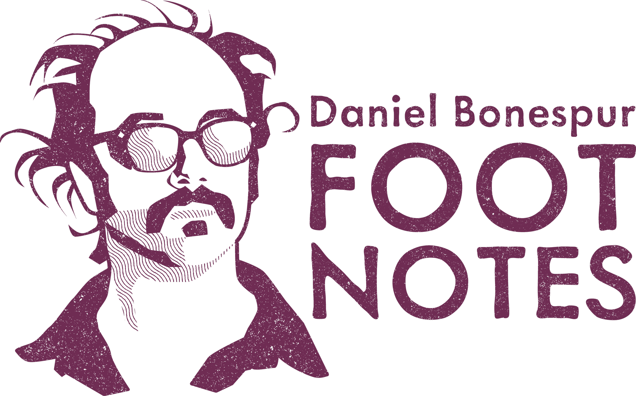 Stylized purple illustration of a man with sunglasses and a beard, with the text 'Daniel Bonespur' and 'Foot Notes' next to his face, on a transparent background.