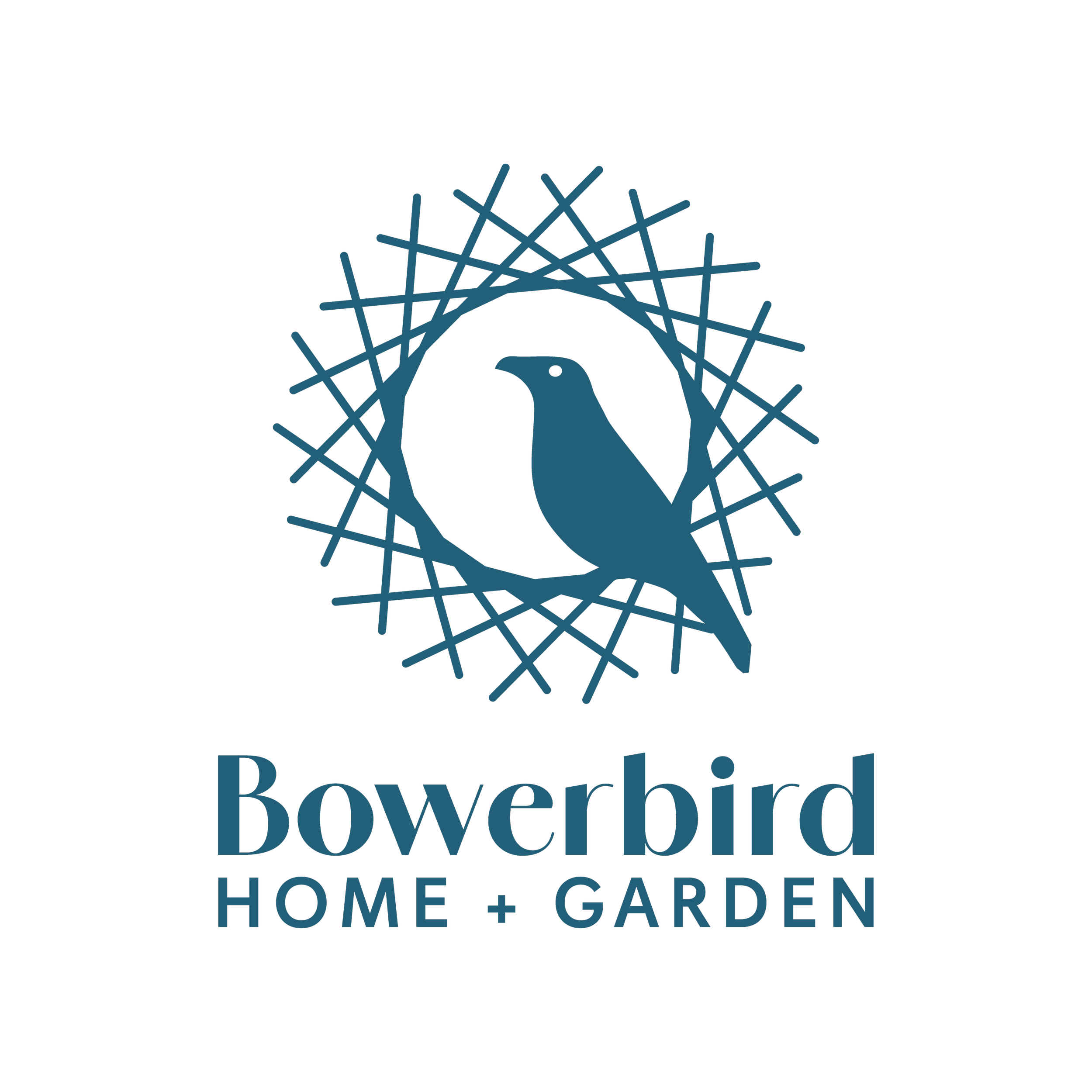 Logo with a blue bird silhouette inside a circular nest-like design, and the text 'Bowerbird Home + Garden' beneath.