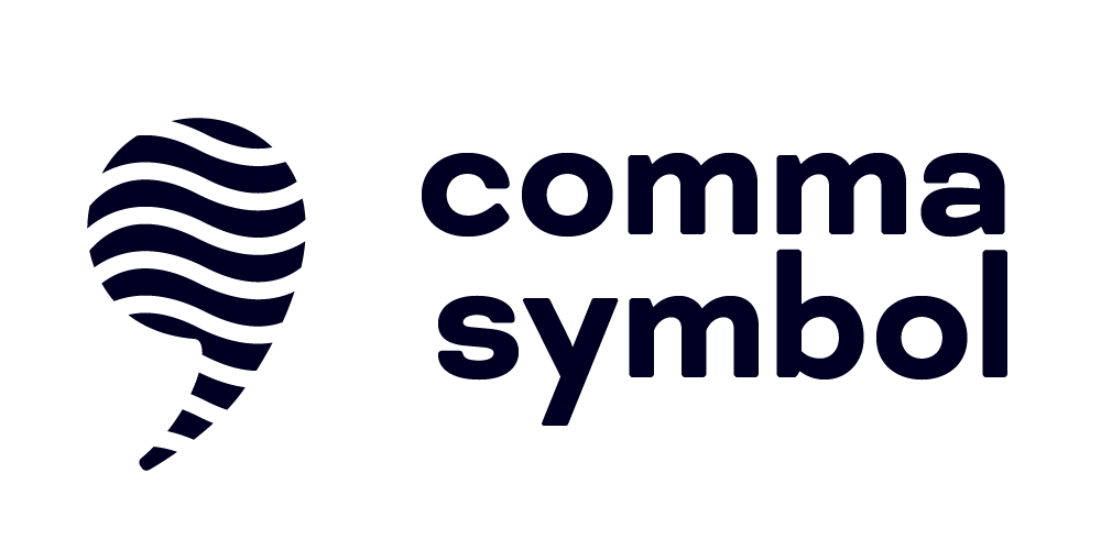 A logo with a stylized blue comma shape and the words 'comma symbol' in bold blue letters.