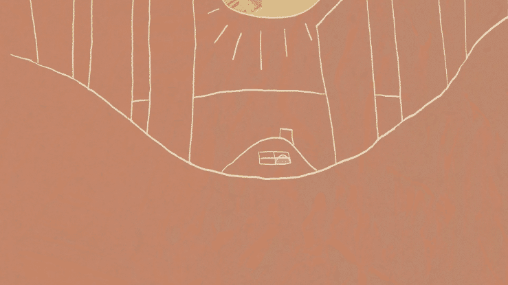 A minimalist line drawing of a basketball hoop with a backboard, a sun with rays, and a basketball court.