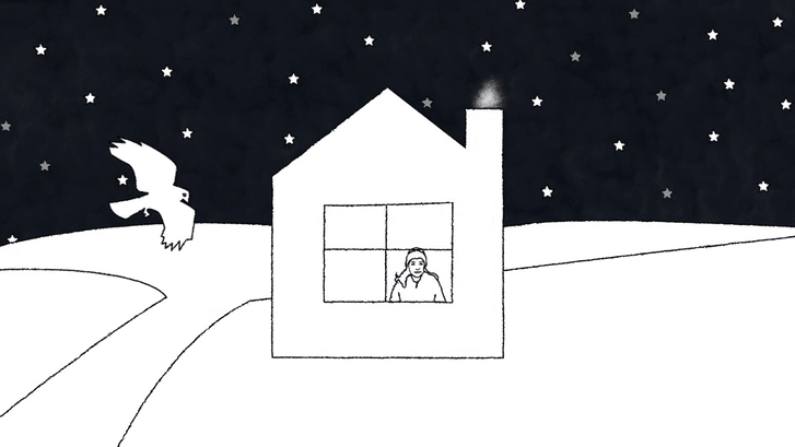 A drawing of a house with a person looking out the window, a bird flying nearby, and a night sky filled with stars.