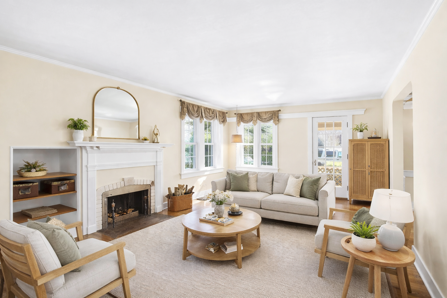 Bright living room with cream walls, white fireplace, beige sofa with pillows, wooden coffee table, armchairs, and plants.
