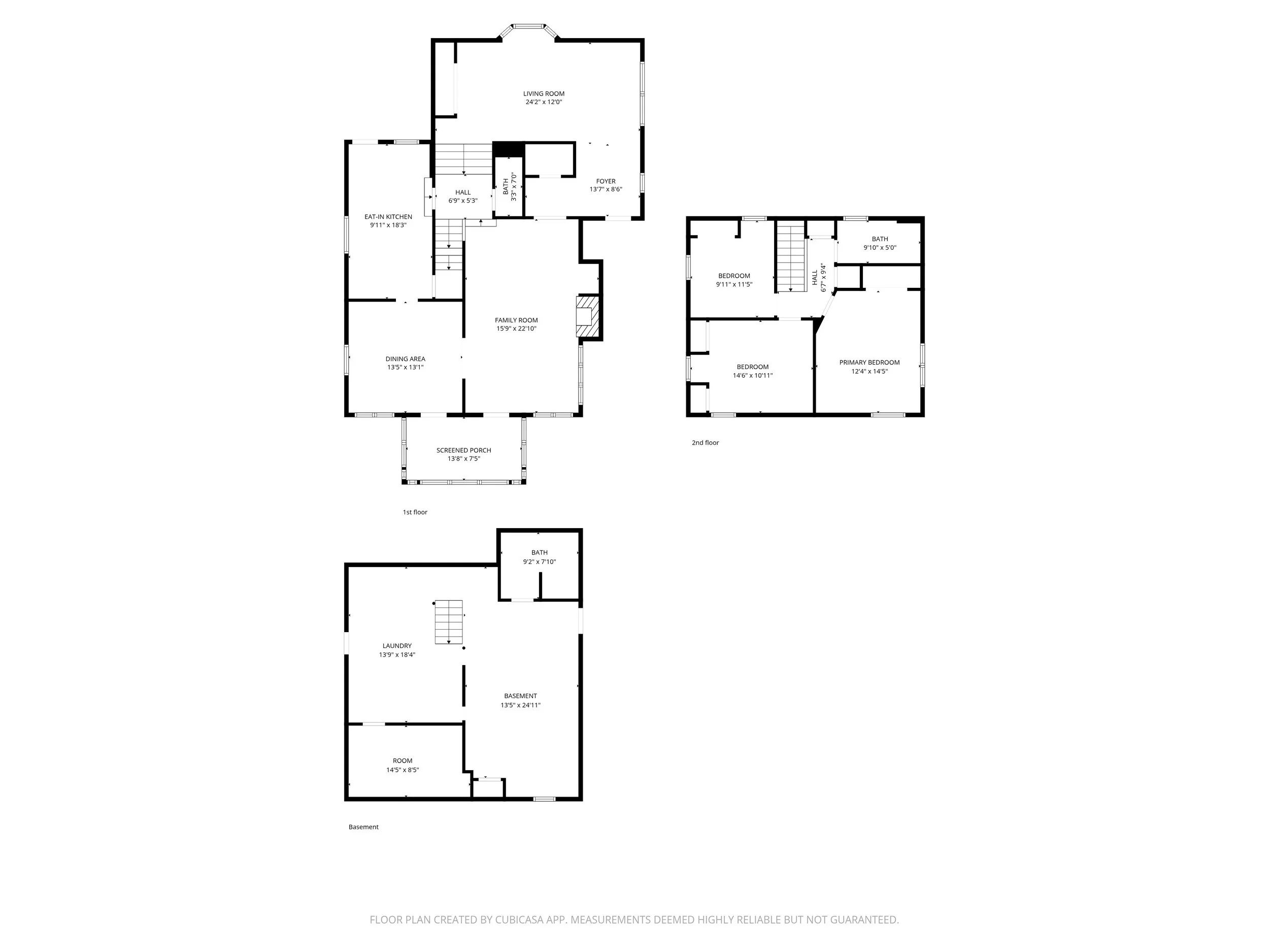 Floor plan of a three-story house including basement, first, and second floors, with rooms labeled such as living room, eat-in kitchen, dining area, family room, screened porch, laundry, basement, bedrooms, bathrooms, and foyer, with room dimensions specified.