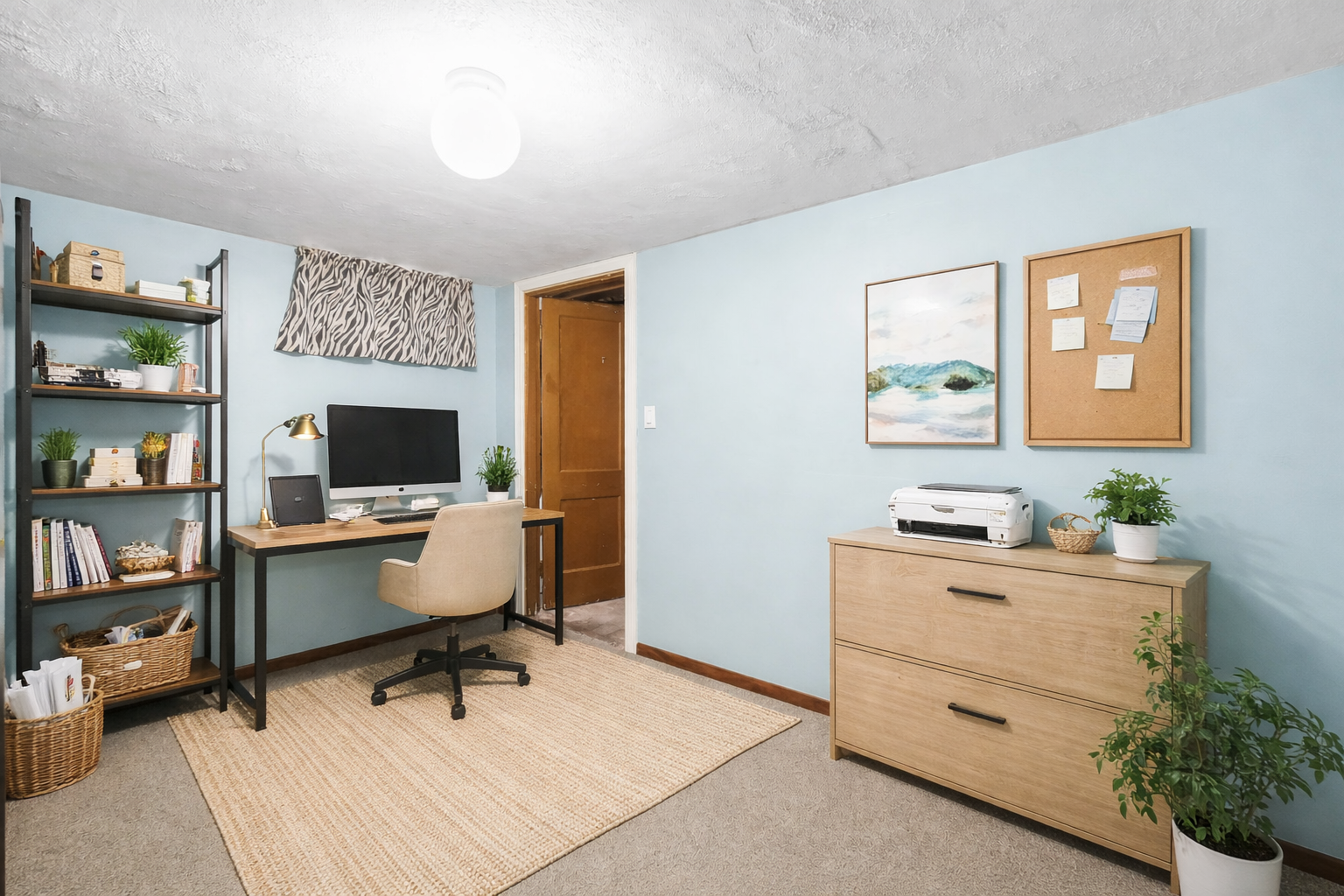 Home office with light blue walls, a desk with an iMac and a beige chair, black bookshelf with plants and books, beige rug, framed wall art, cork bulletin board, printer on a wooden dresser, and potted plants.