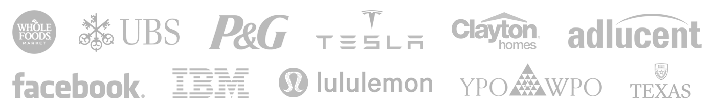 Collection of corporate logos including Whole Foods Market, UBS, P&G, Tesla, Clayton Homes, Adlucent, Facebook, IBM, Lululemon, YPO, WPO, and others.