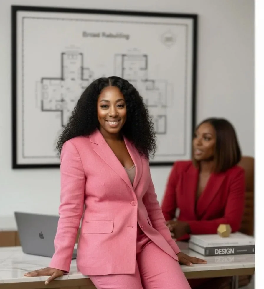 Two women in suits in an office with a conference table and a large framed blueprint on the wall. One woman is leaning on the table, smiling, wearing a pink suit. The other woman, in a red suit, is seated at the table in the background, looking at the woman in pink.
