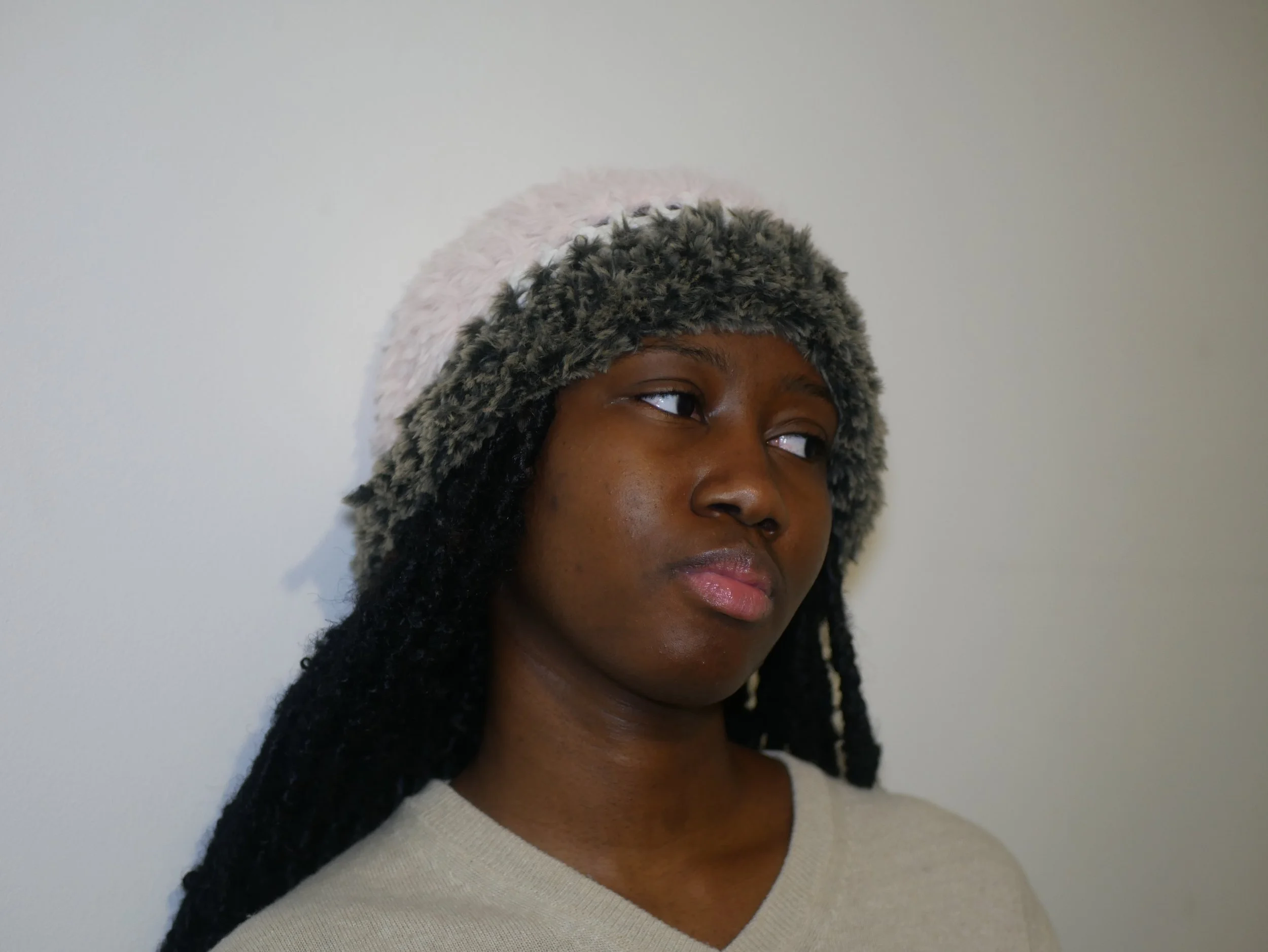 fur beanie - pink + green