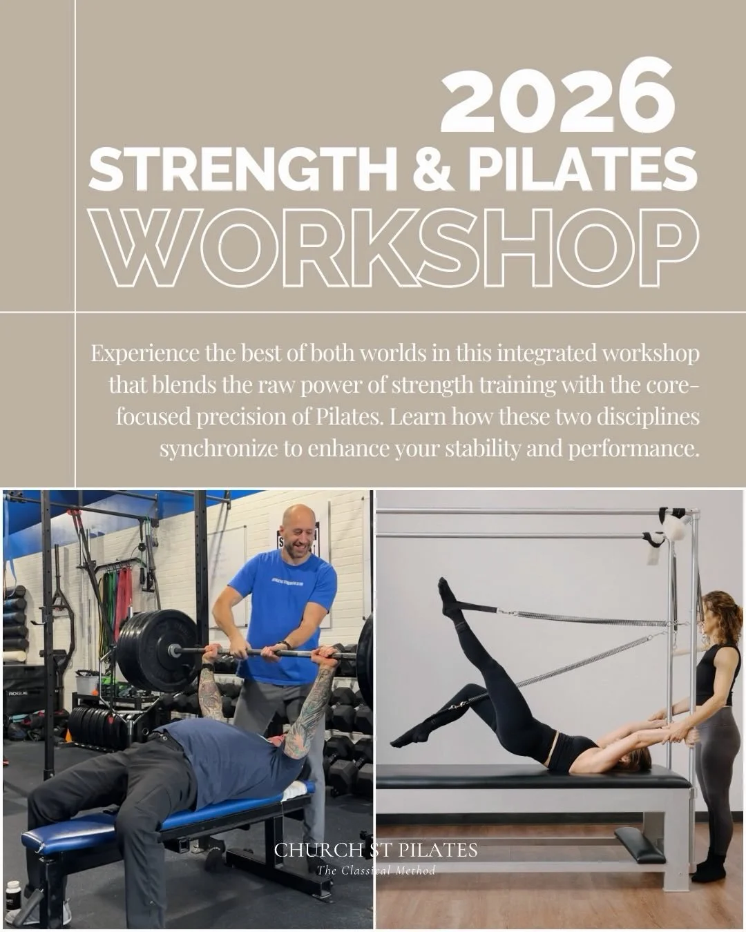 Learn strength training principles and technique  from @rjbad16 @athleticstrengthclub and Pilates system exercises and equipment from @churchstpilates . This Saturday 6/6. Sign up at link in bio.