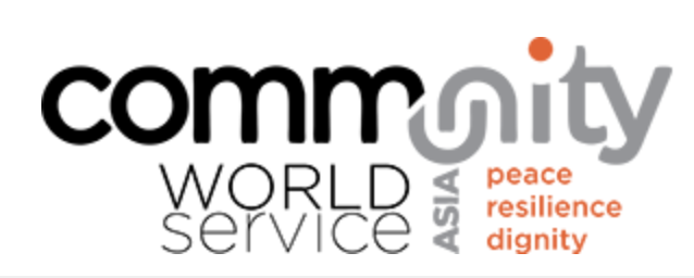 Commemorating World Service Asia logo with the words peace, resilience, dignity in orange