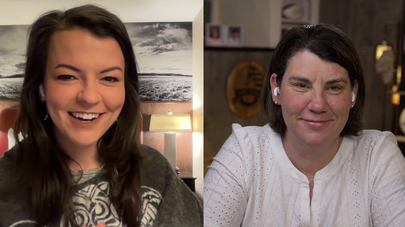 Split image of two women with short dark hair, wearing wireless earbuds, in different indoor settings, smiling at the camera.