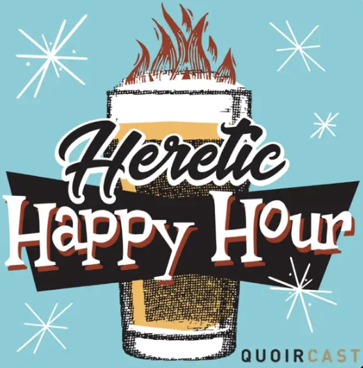 A graphic of a beer glass with flames on top, with text reading 'Heretic Happy Hour' and snowflake-like designs around it.