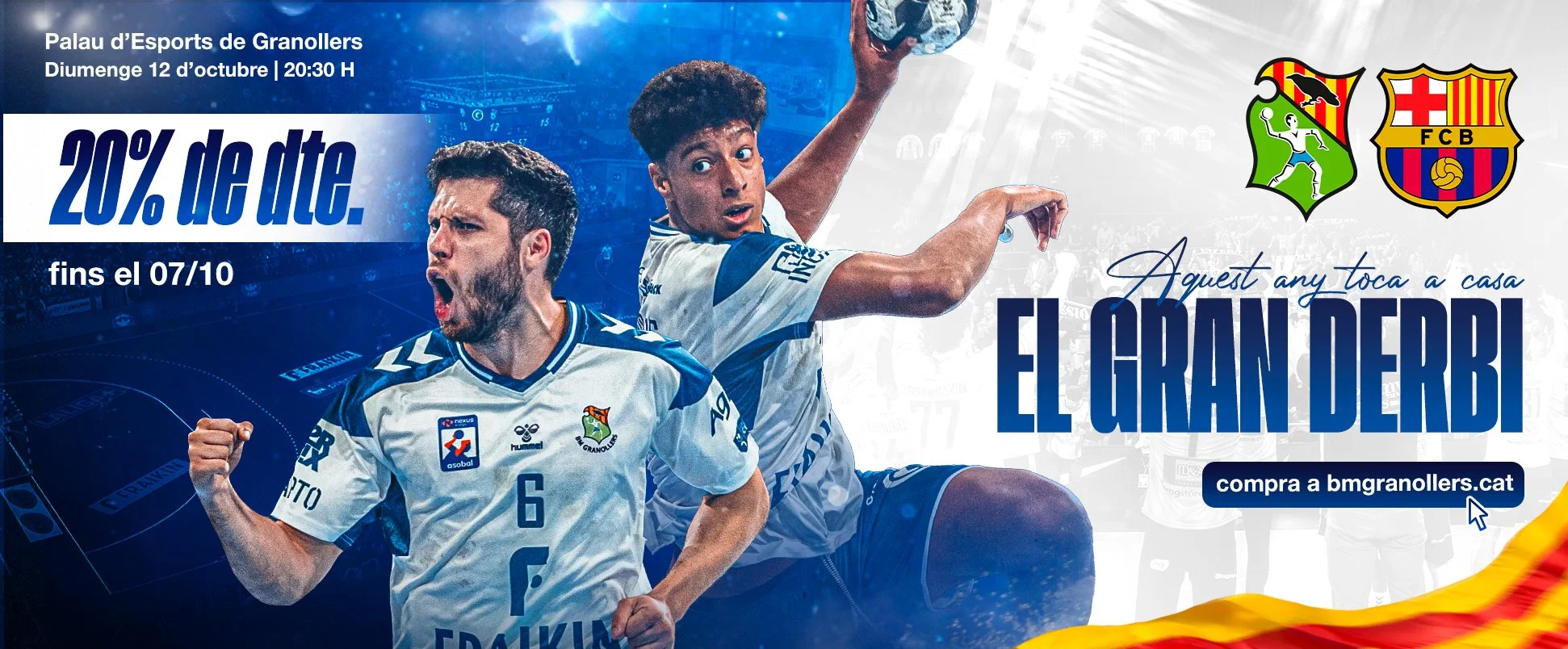 Publicidad de un partido de fútbol entre Granollers y FC Barcelona en el Palau d'Esports de Granollers, con ventana de promoción y logotipos de los equipos, resaltando un descuento del 20% en entradas hasta el 7 de octubre.
