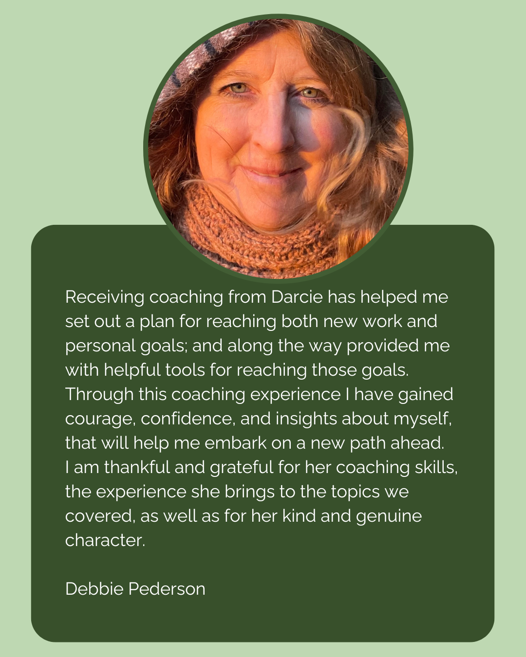 A woman with light brown hair wearing a brown scarf and a knit hat. Her face is partially backlit by warm sunlight.