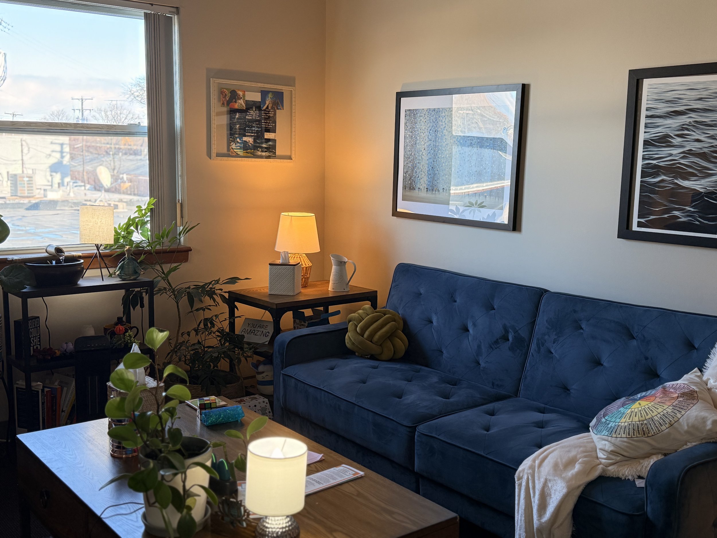 Living room with a blue velvet sofa, framed artwork on the walls, a window with city view, a side table with a lamp, plants, and a coffee table with books and decor.