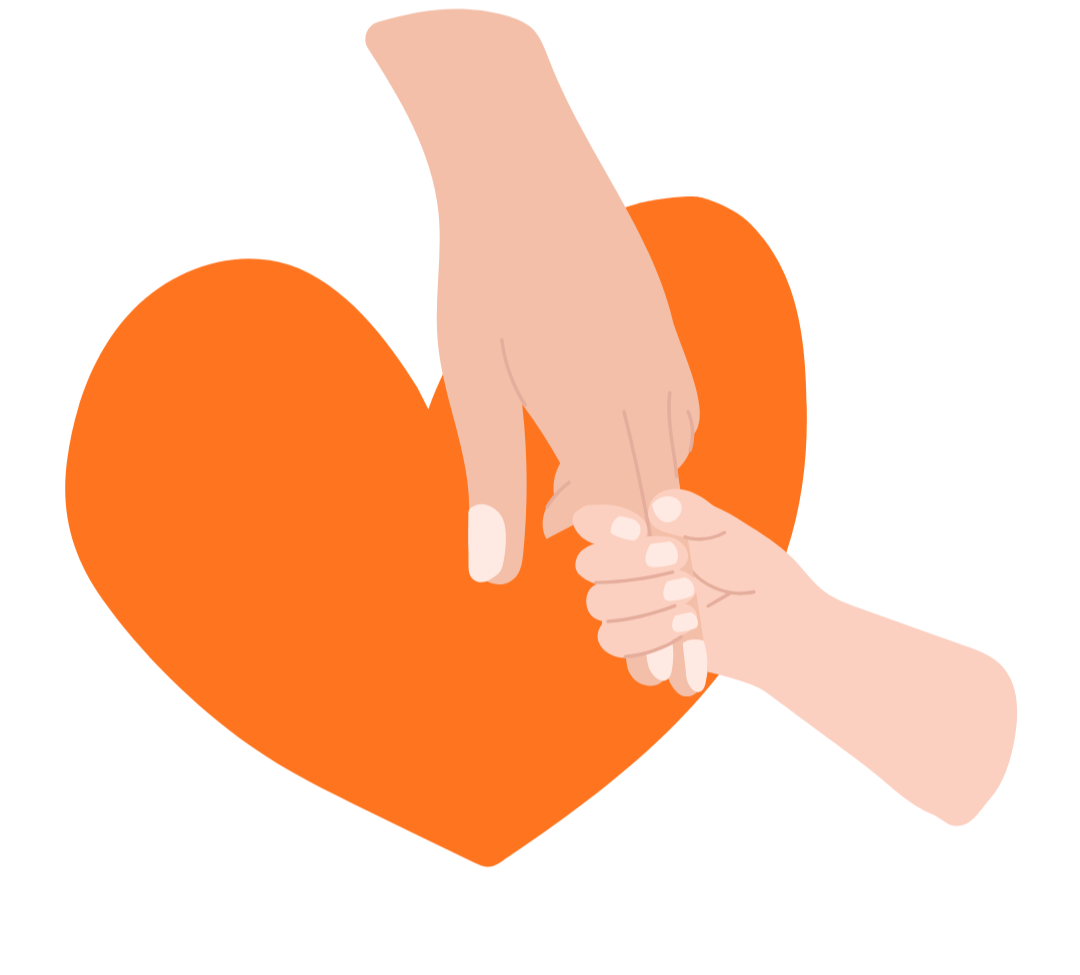 An adult hand holding a child's hand against an orange background, symbolizing care and connection.