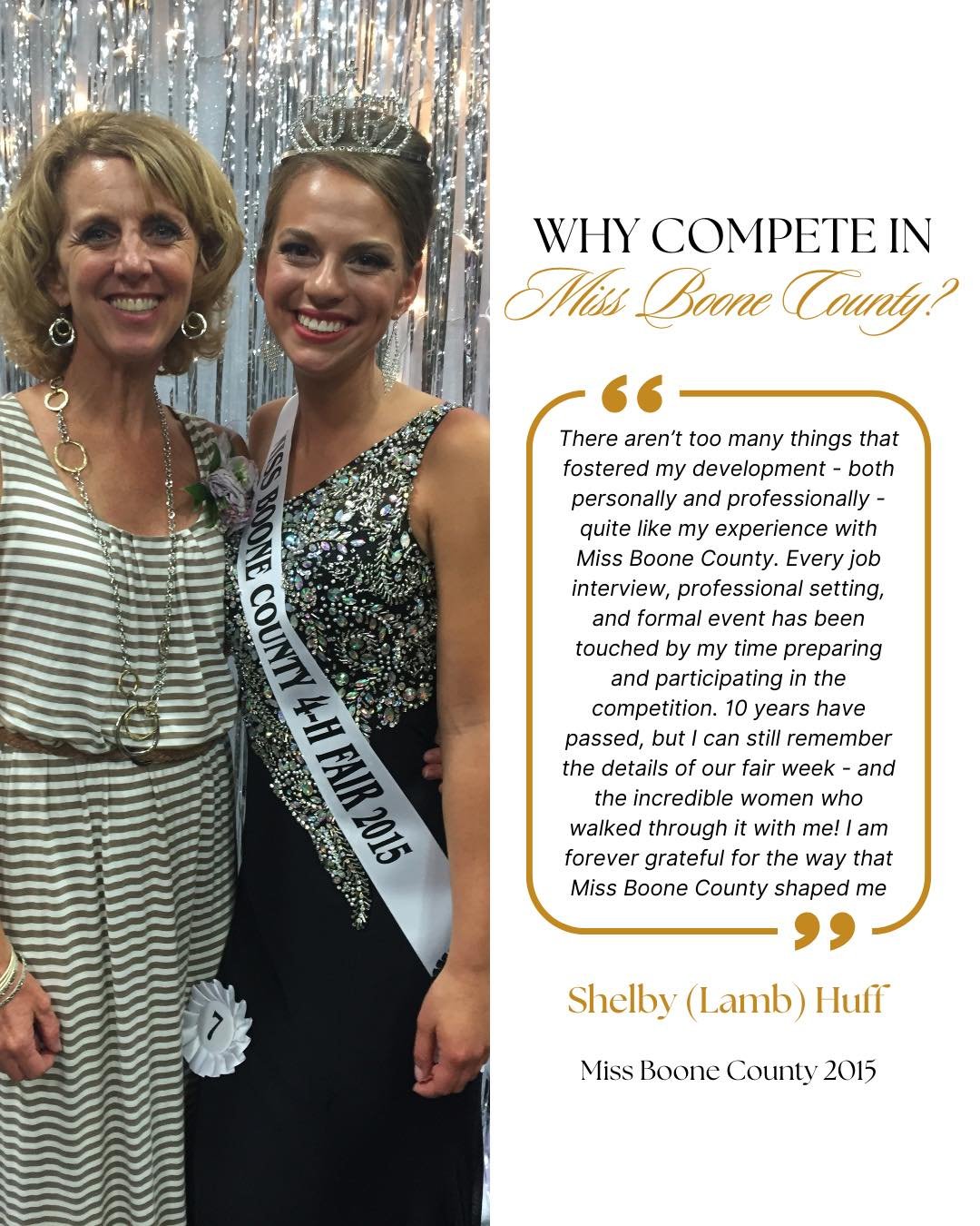 ✨ Why compete in Miss Boone County? Just ask Shelby (Lamb) Huff, Miss Boone County 2015! ✨

From interviews and formal events to fair week memories and lifelong friendships &mdash; the Miss Boone County experience goes far beyond the crown. 💫

Shelb