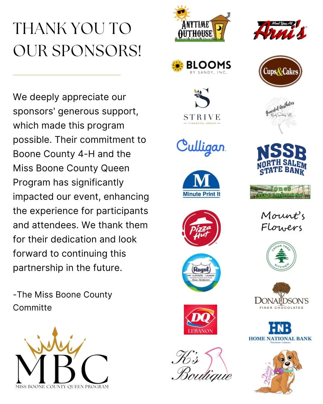 Thank you so much to our incredible sponsors and donors for this years program! We cannot thank you enough and hope you look forward to this evening!

See you all at 7pm at the Witham Health Pavilion!👑