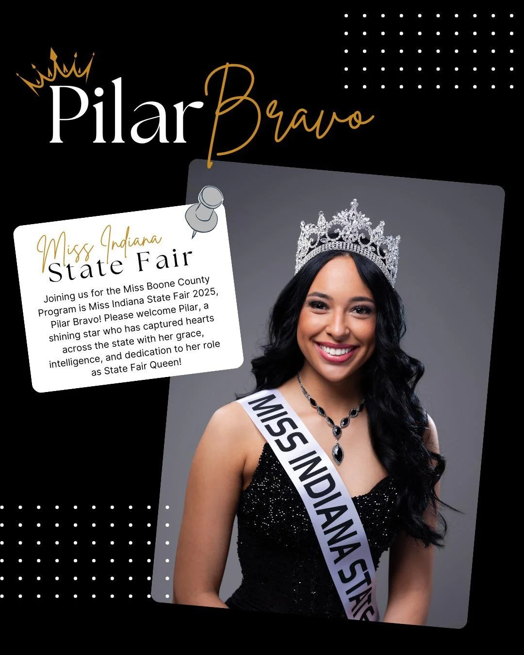 Pilar Bravo, Miss Indiana State Fair 2025, will be joining us for the Miss Boone County Program this upcoming Friday! To learn more about Pilar read below and be sure to see her as she hosts the upcoming Indiana State Fair in August! 🌽 🎡 🍿 
Miss