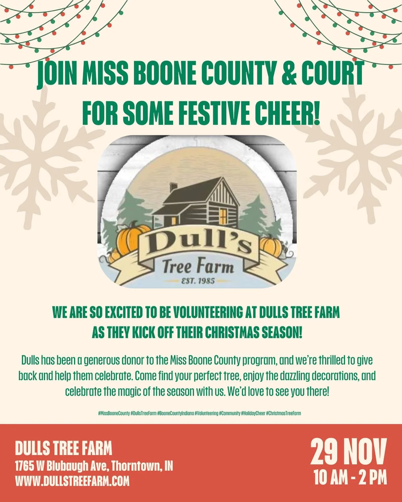 We&rsquo;re kicking off the holiday season by giving back! 🎄 Miss Boone County &amp; Court are thrilled to be volunteering at the amazing Dulls Tree Farm Saturday, November 29th, from 10:00 AM - 2:00 PM! Dulls has been one of our biggest supporters,