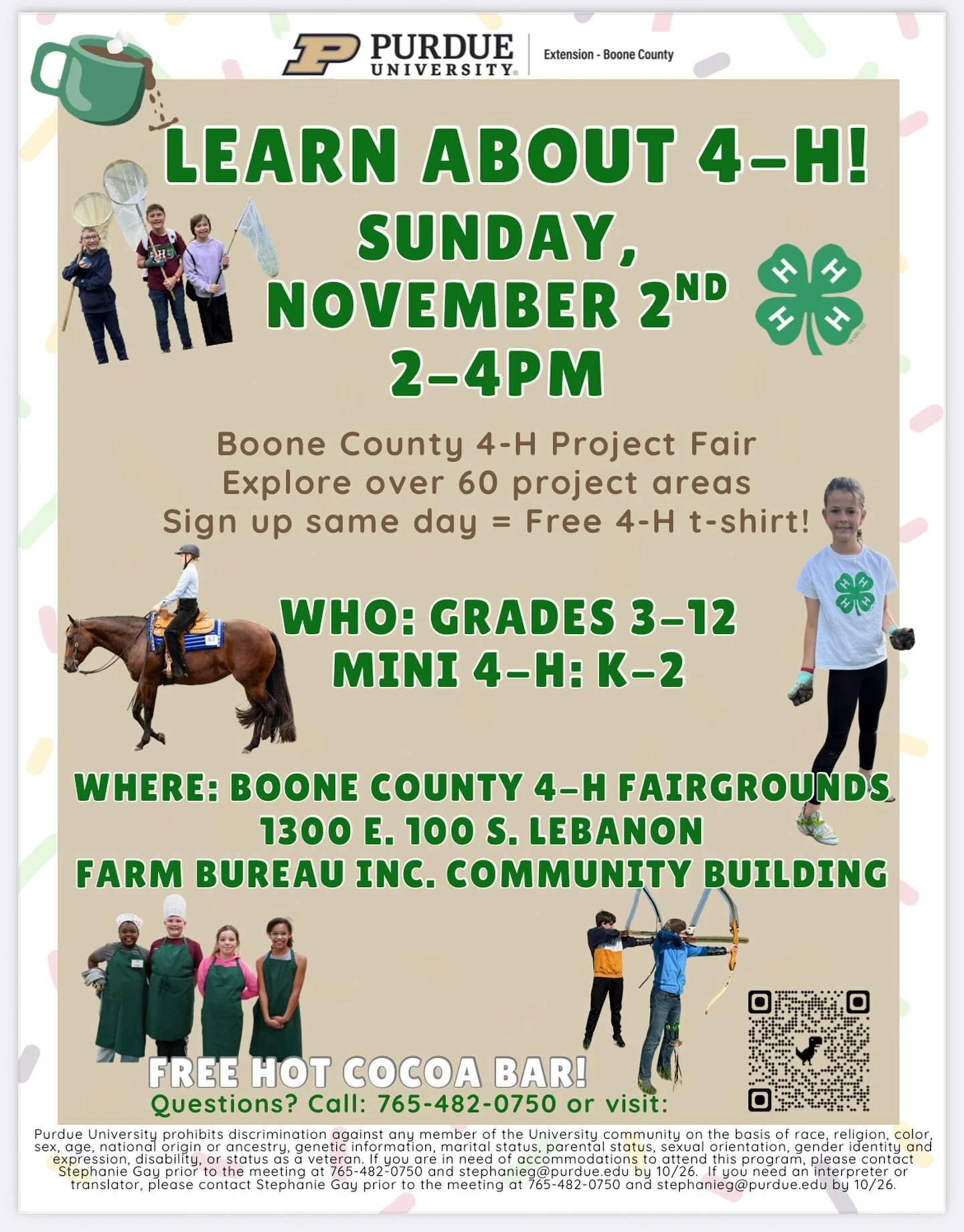 Curious about 4-H? Come learn what it&rsquo;s all about! 💚
Join us Sunday, November 2nd from 2&ndash;4 PM at the Boone County 4-H Fairgrounds to explore over 60 project areas, meet current members, and even get a free 4-H t-shirt if you sign up that