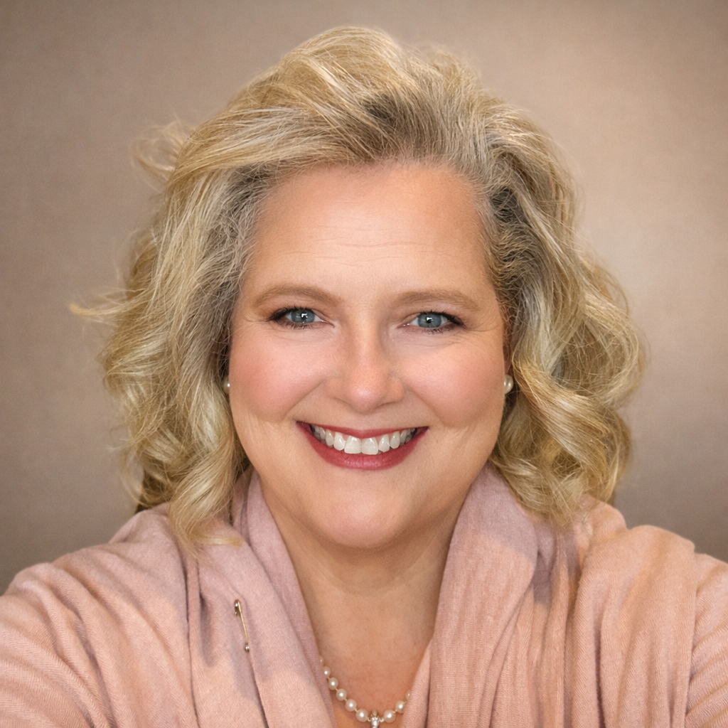 Smiling person with curly blonde hair wearing a light pink scarf, indoors.
