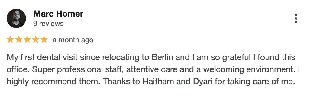 5-star Google review praising professional cleaning and friendly staff at Haus Dentist