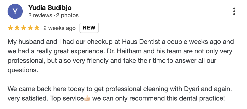 5-star Google review praising professional cleaning and friendly staff at Haus Dentist