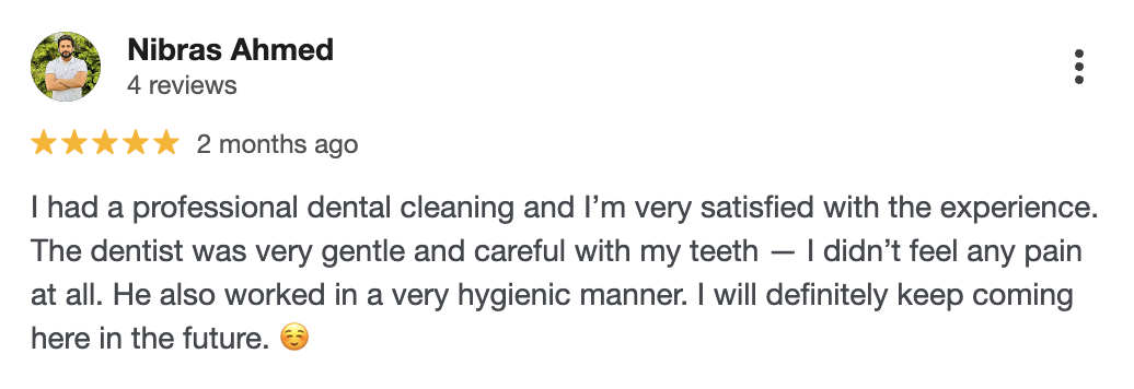 5-star Google review praising professional cleaning and friendly staff at Haus Dentist