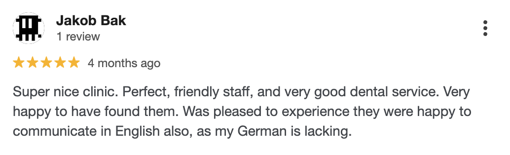 5-star Google review praising professional cleaning and friendly staff at Haus Dentist