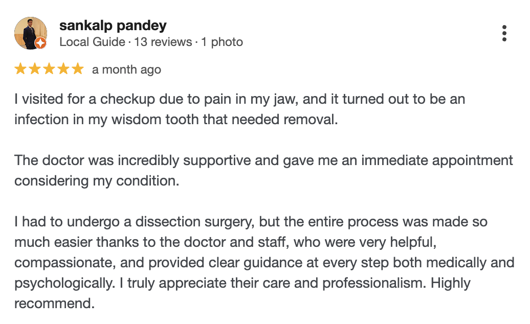 5-star Google review praising professional cleaning and friendly staff at Haus Dentist
