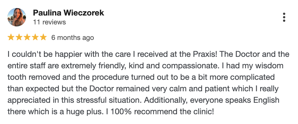 5-star Google review praising professional cleaning and friendly staff at Haus Dentist