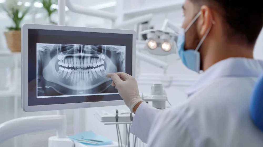 Dentist in white coat and blue mask examining a dental X-ray on a computer screen in a dental clinic.
