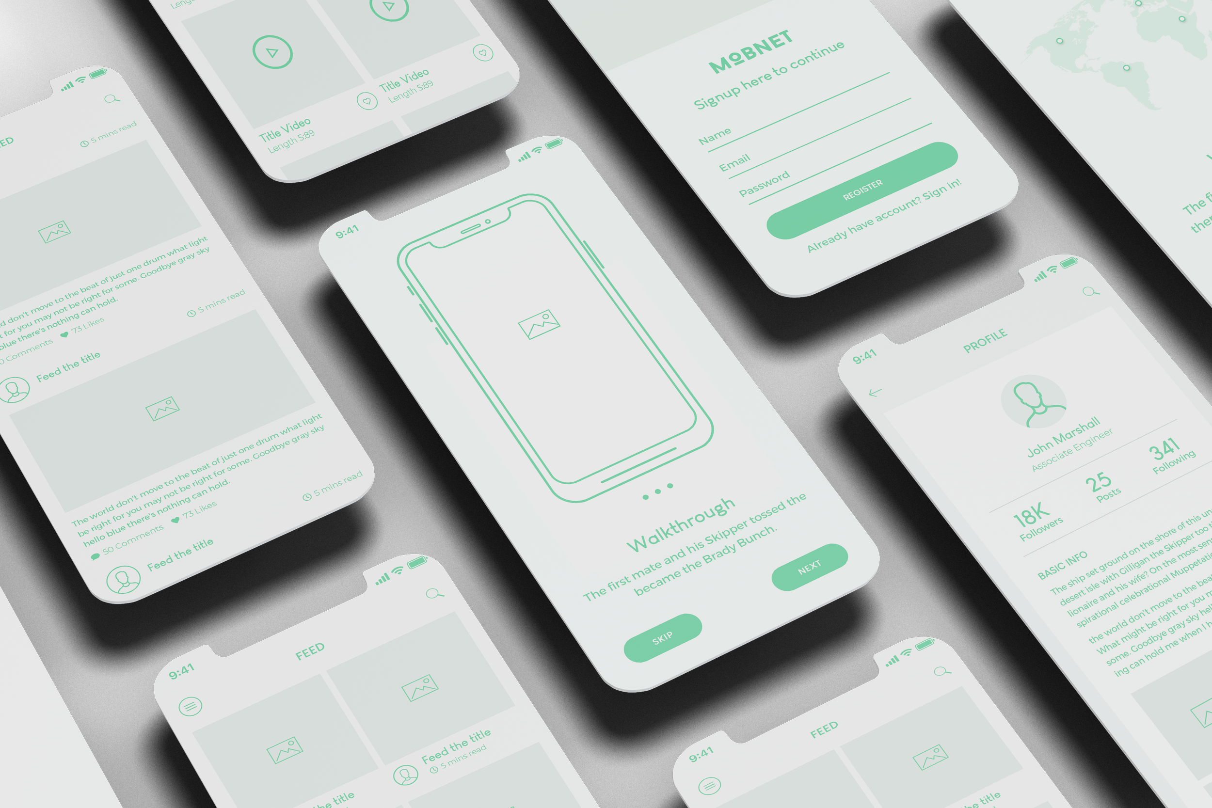Multiple smartphone screens displaying a minimalist mobile app interface in light green and white, with screens showing a walk-through, profile, registration, feed, and video content sections.
