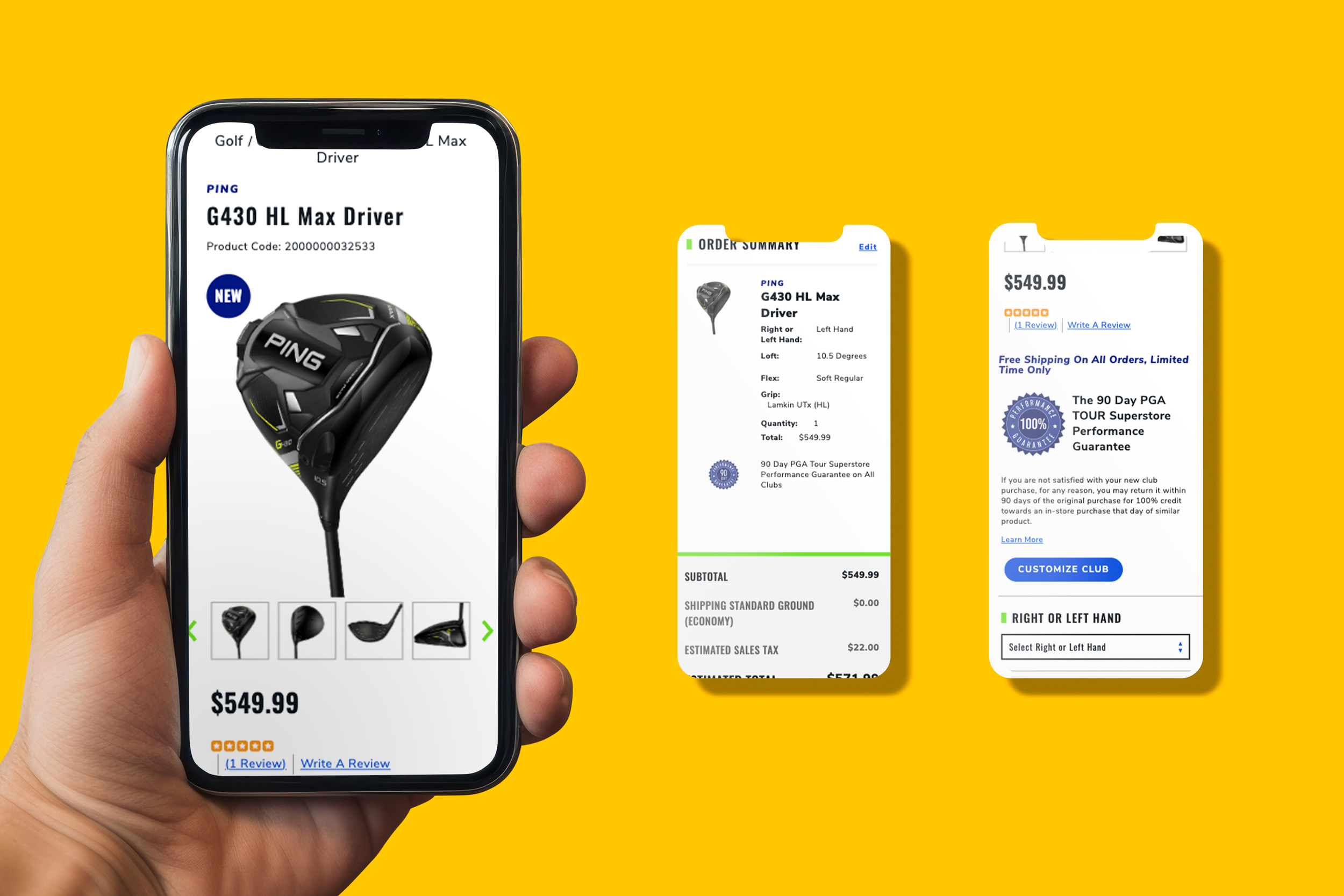 A person holding a smartphone displaying an online golf club product page for the Ping G430 HL Max Driver against a yellow background. Two additional screens show a detailed order summary and a checkout page for purchasing the golf club.