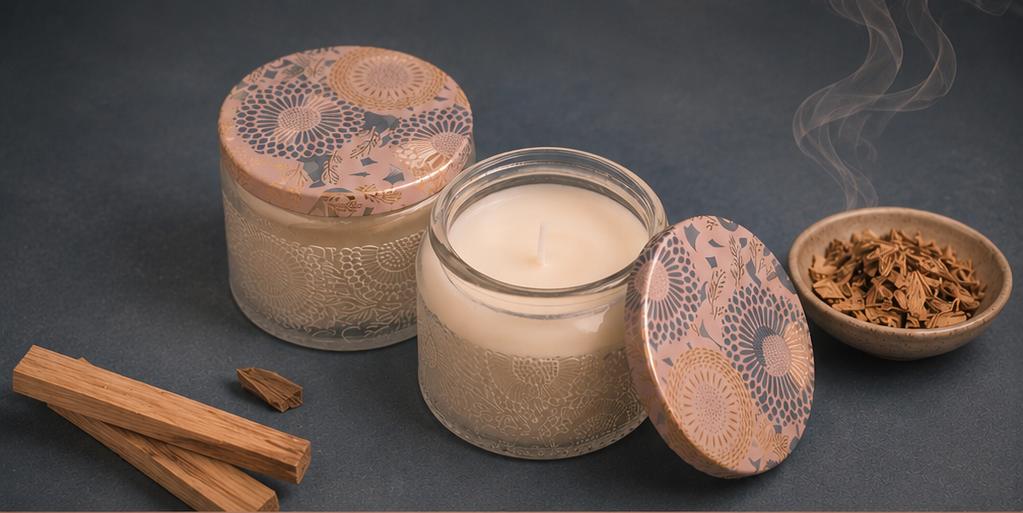 Palo Santo Candle - 5oz Clear Floral Glass Jar w/ Lid