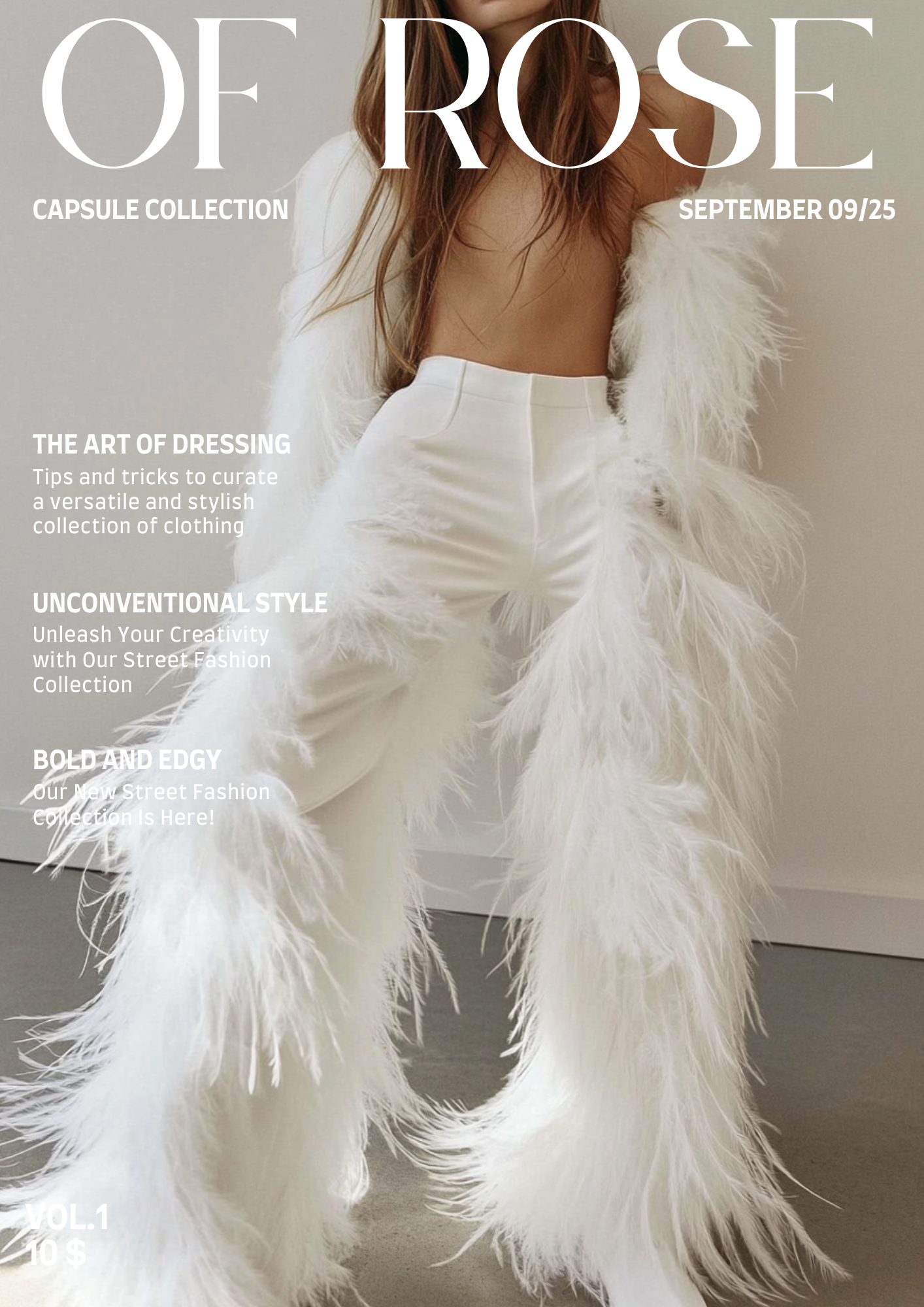 Magazine cover titled 'OF ROSE' featuring a woman dressed in white pants and a white furry coat, with text about fashion and styling, dated September 09/25.