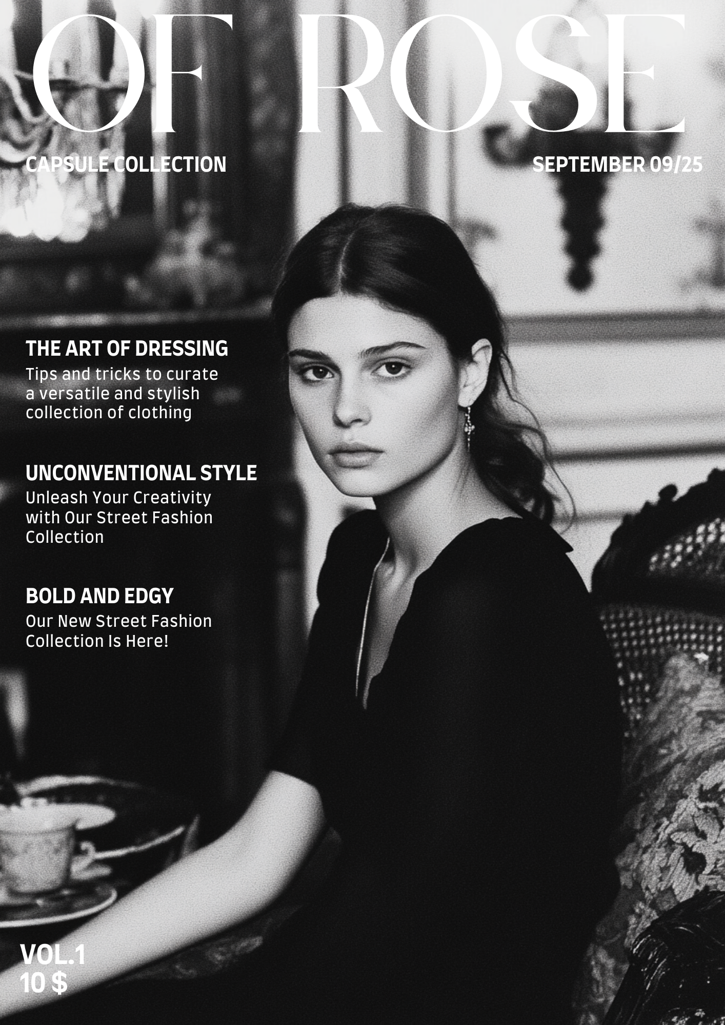 A black-and-white magazine cover featuring a woman with dark hair and earrings, sitting at a table with a teacup, in a stylish, elegant room. The cover includes headlines about fashion and style tips.