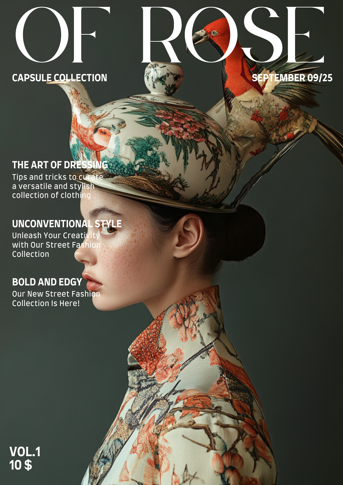 A magazine cover featuring an Asian woman in profile wearing a floral-patterned outfit. She has a teapot decorated with birds and flowers on her head, with a bird perched on it.