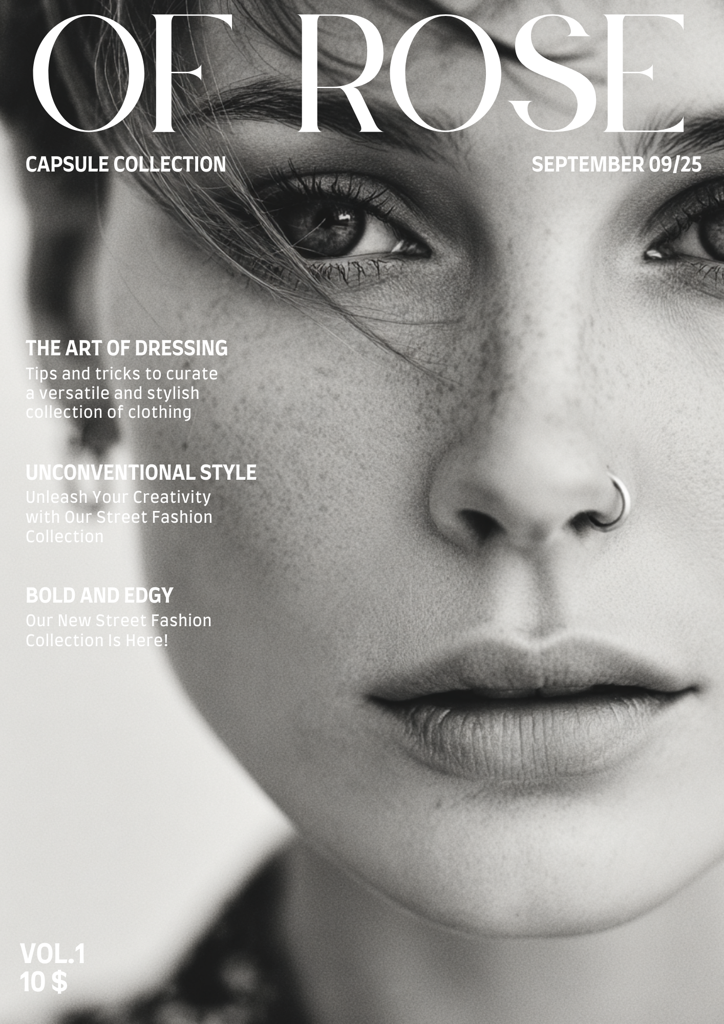 Close-up black and white photograph of a woman's face, highlighting her eyes, nose, and lips, with prominent freckles and a nose ring