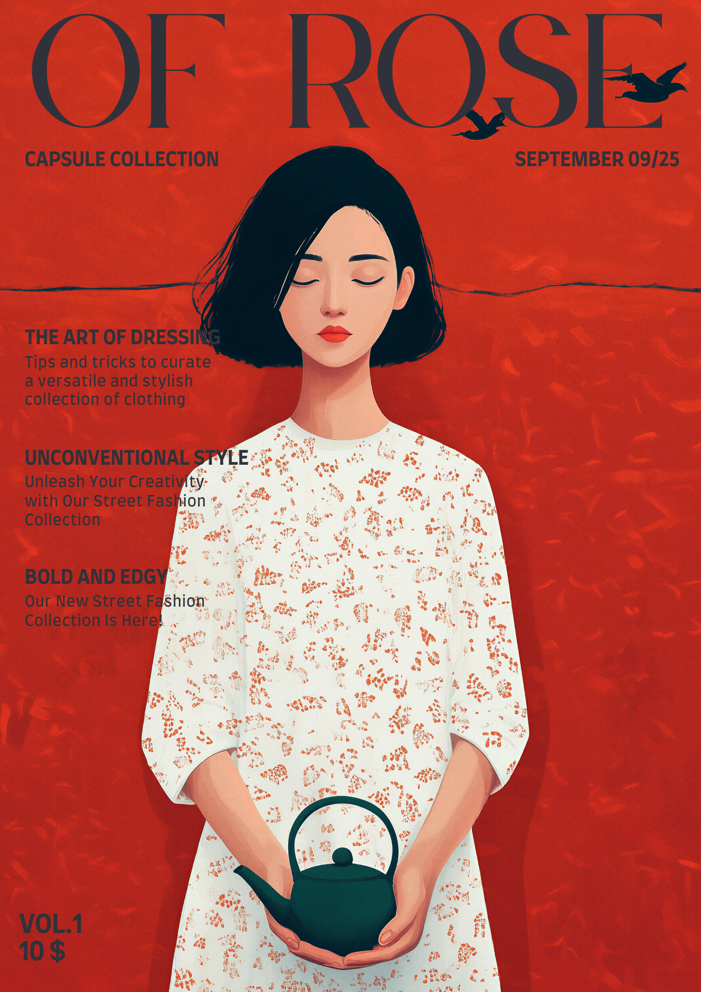 Illustration of a woman with short black hair and closed eyes, wearing a white dress with orange floral patterns, holding a green teapot with both hands, set against a red background with black birds flying.