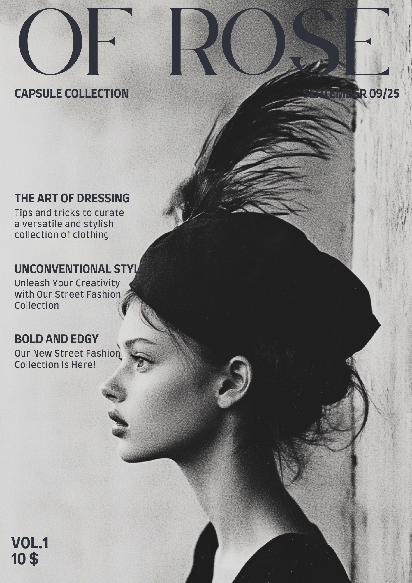 Black and white magazine cover featuring a side profile of a woman with an updo hairstyle and headband, text about fashion and styling tips, and information about a capsule collection and prices.