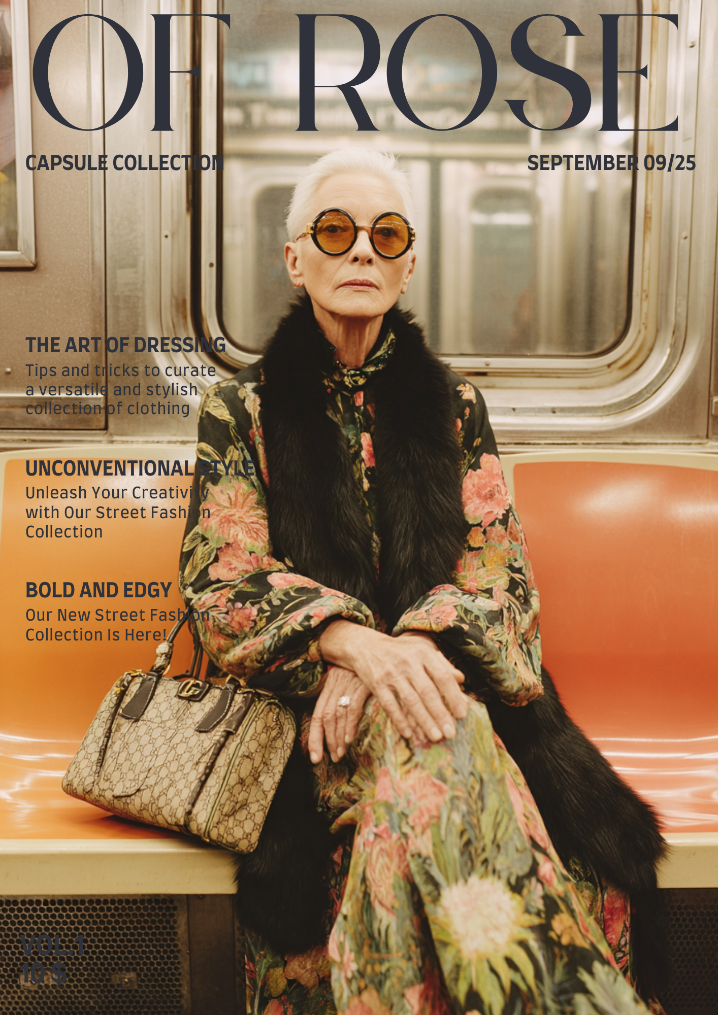 A woman with short white hair wearing large round sunglasses, a floral dress, a black fur vest, and a Gucci handbag, sitting on an orange subway seat inside a train.