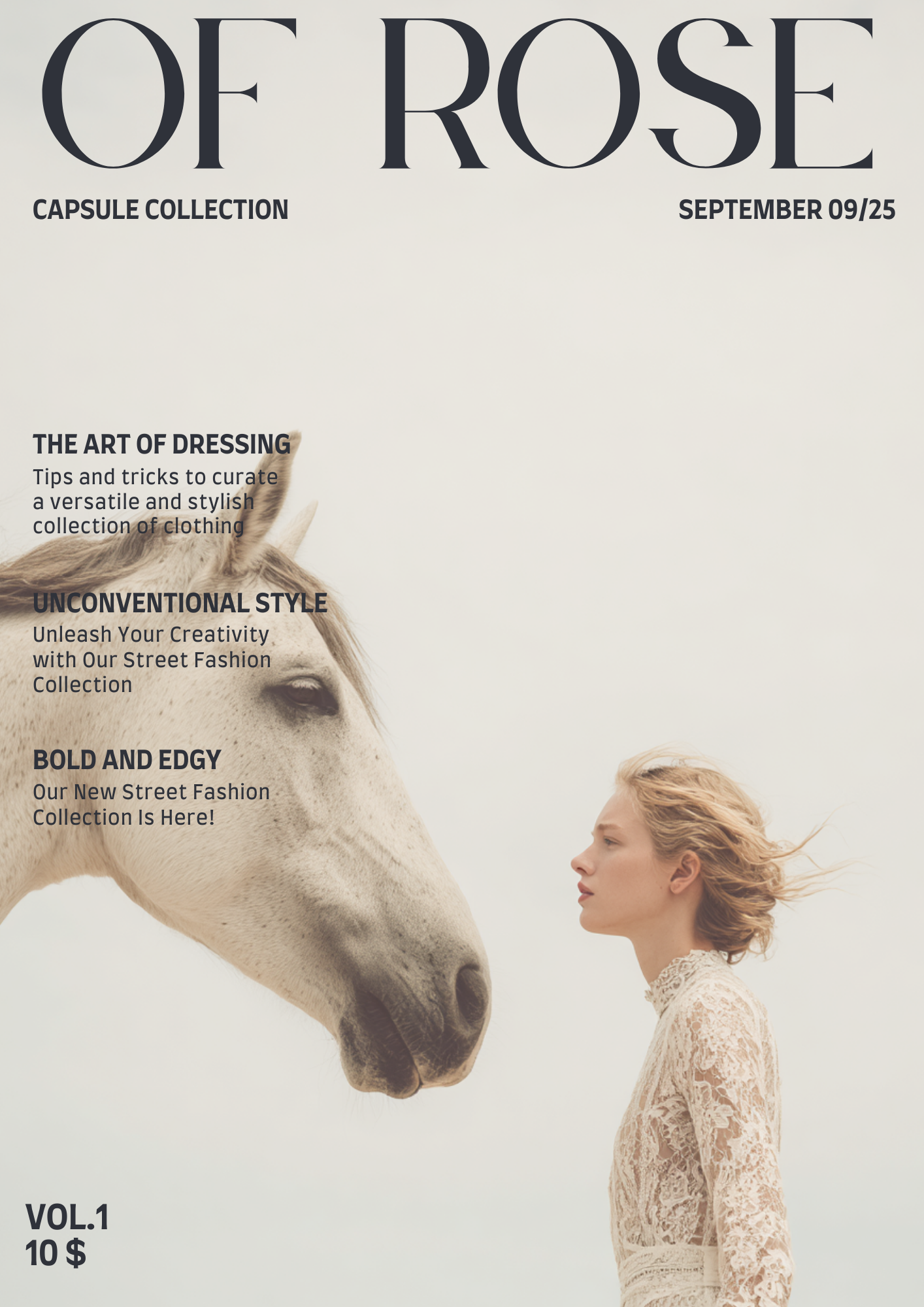 Magazine cover titled 'Of Rose', featuring a portrait of a woman with blonde hair in a lace outfit facing a white horse with a light mane, set against a plain background. The cover includes headlines about fashion and styling tips, with issues date S